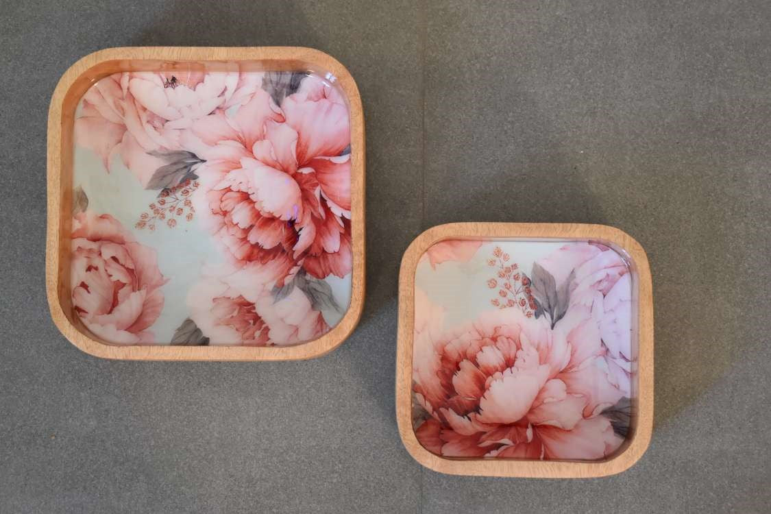 Quadratische Schüssel mit rosa Blumenmuster, 2er-Set