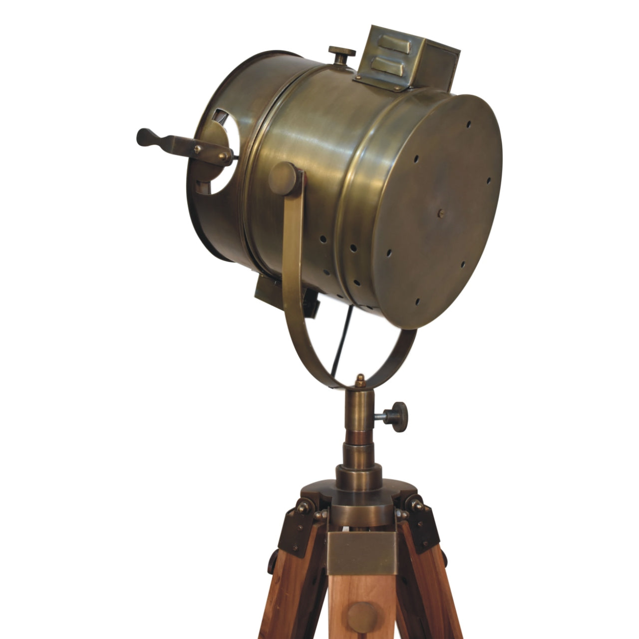 Antike Messing-Stehlampe mit Dreibein-Faltstrahler