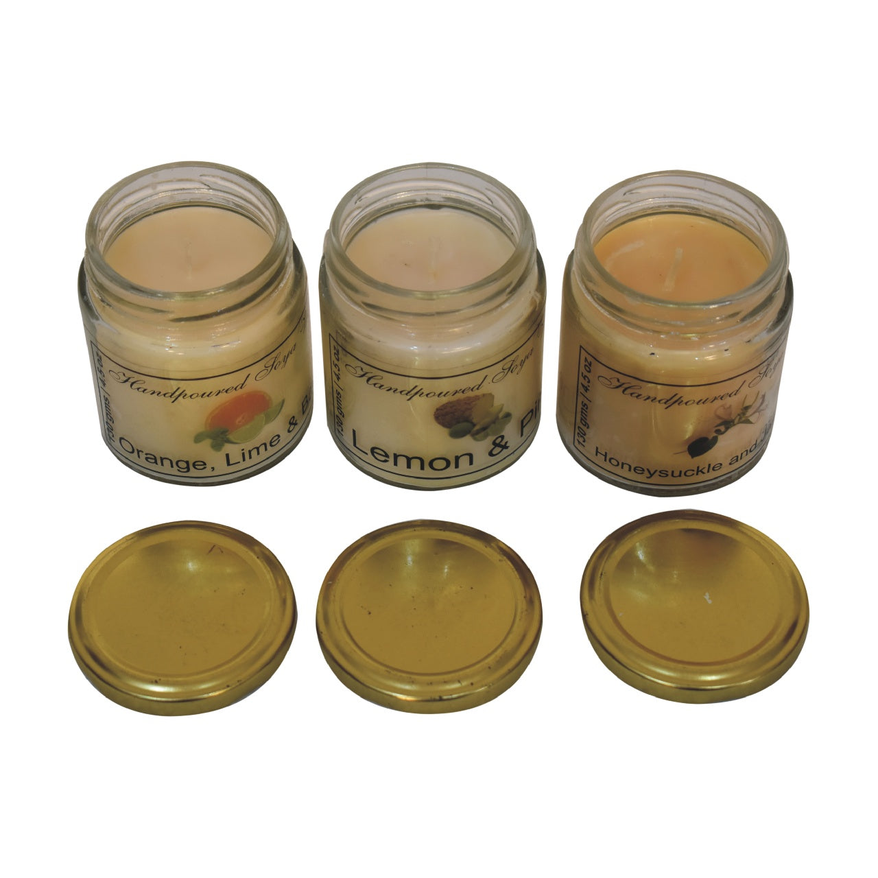 Kerzen-Geschenkset mit 3 Stück (Orange, Limette und Basilikum, Zitrone und Kiefer, Geißblatt und Jasmin)