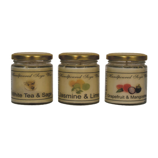 Kerzen-Geschenkset mit 3 Stück (Weißer Tee und Salbei, Jasmin und Limette, Grapefuit und Mangostan)