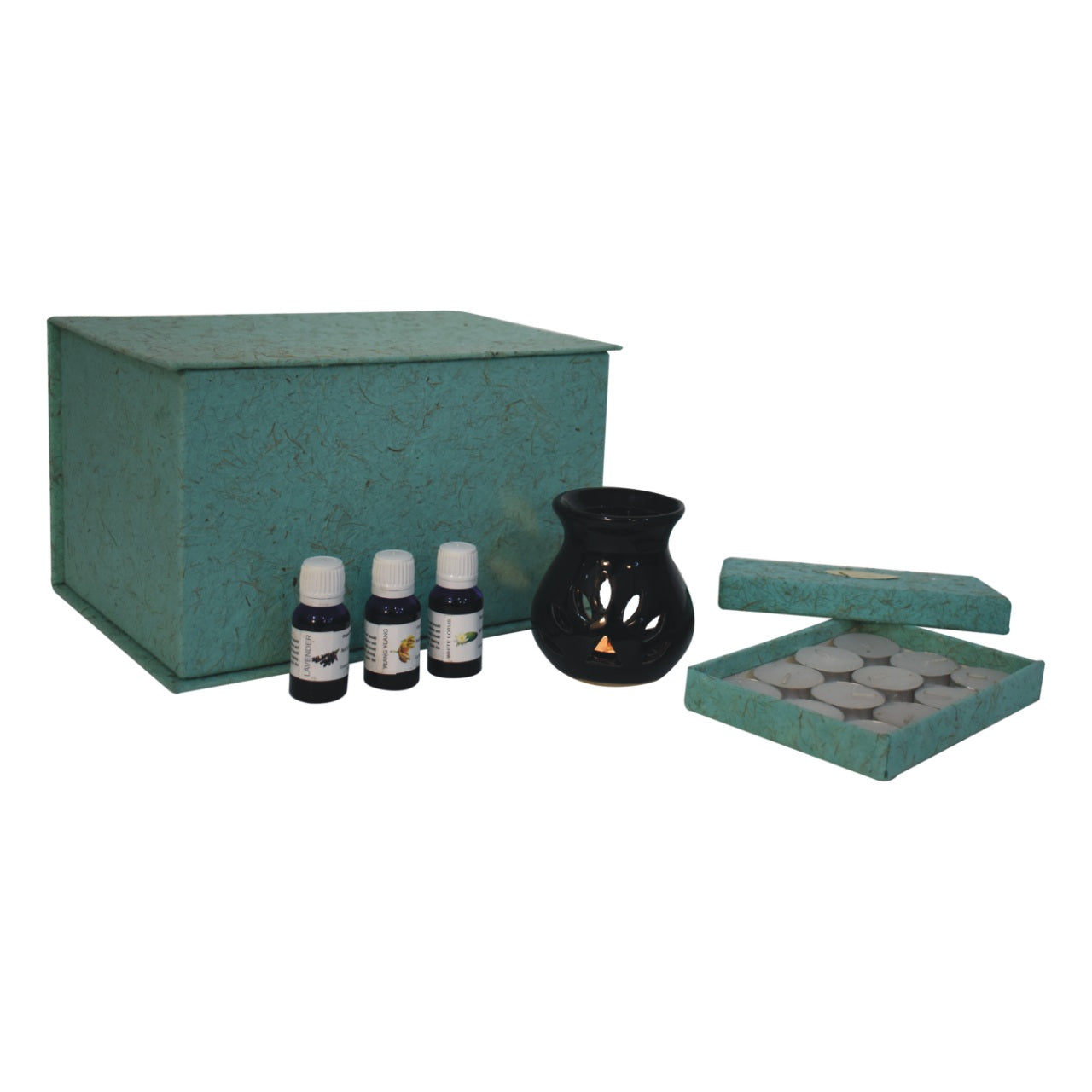 Schwarzes Ölbrenner-Set mit Ausschnitten (Ylang Ylang, weißer Lotus, Lavendel)