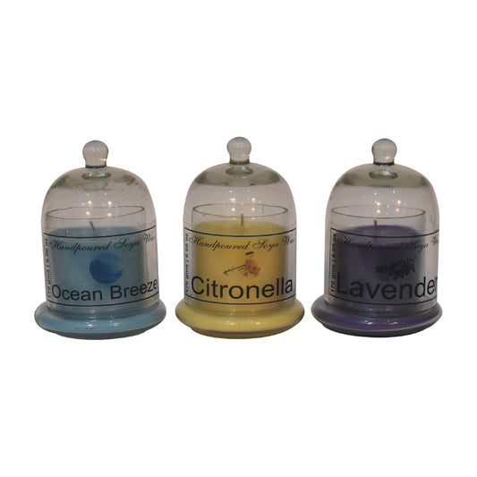 Glockenglaskerzen-Set mit 3 Stück (Citronella, Lavendel, Sommerfluten)