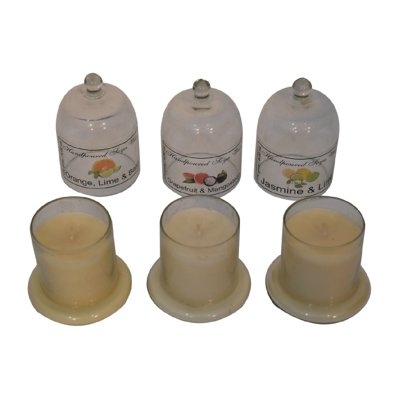 Glockenglaskerzen-Set mit 3 Stück (Orange, Limette und Basilikum, Grapefruit und Mangostan, Jasmin und Limette)