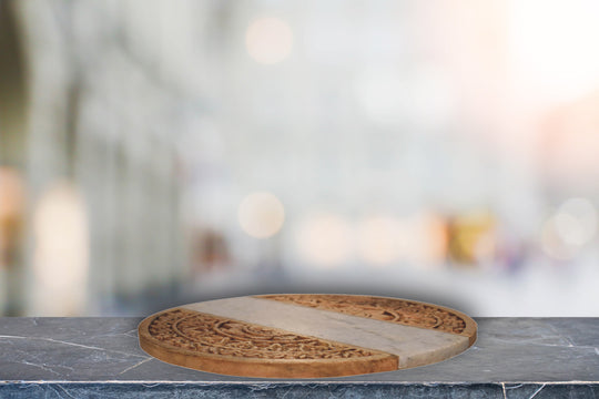 Round Marble and Carved Wood Chopping Board