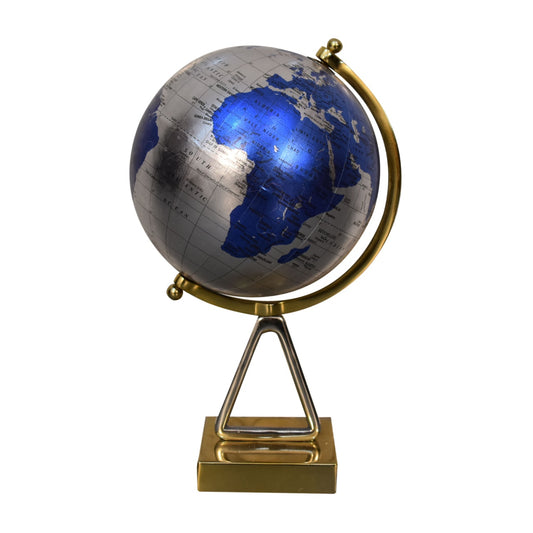 Globe bleu avec cadre mixte en chrome et laiton