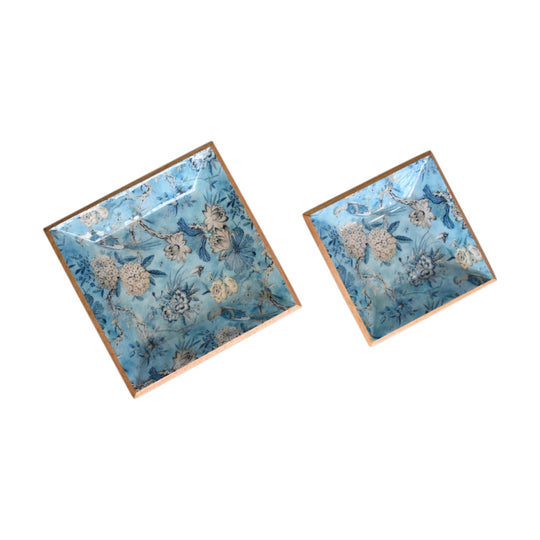 Lacquered Blue Bird Square Platter Set of 2