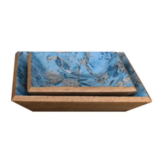 Lacquered Blue Bird Square Platter Set of 2