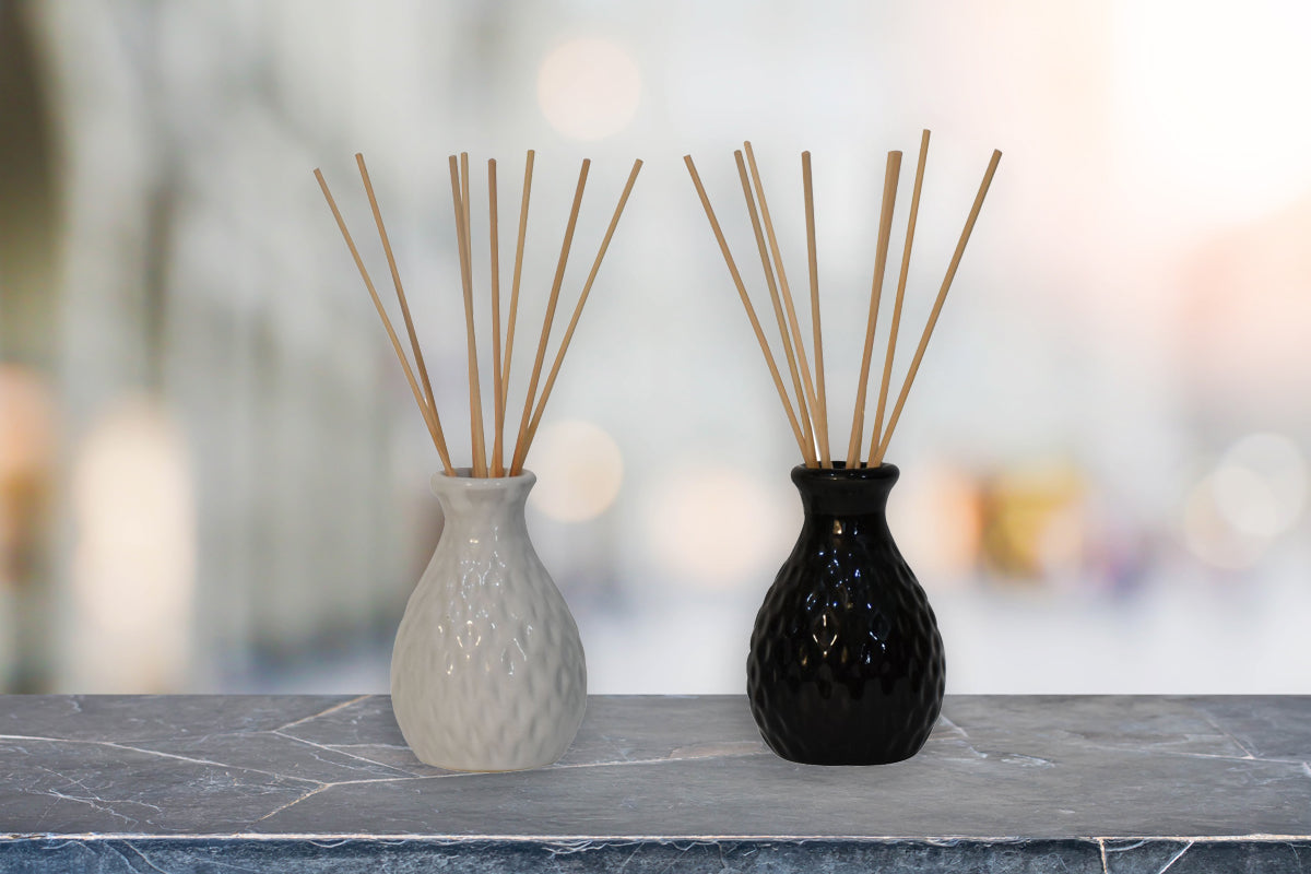 Ensemble diffuseur de roseaux vase noir et blanc (citronnelle et marées d'été)