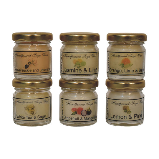 Mini Candle Set of 6 (Honeysuckle & Jasmine, Jasmine & Lime, Orange, Lime & Basil, White Tea & Sage, Grapefuit & Mangosteen and Lemon & Pine)